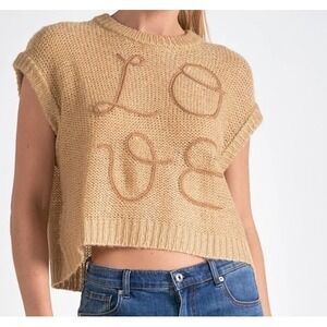 Elan Womens Small Love Short Sleeve Sweater Beige Embroidered Cropped Boxy